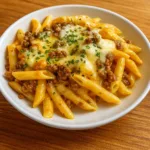 Cheesy Penne with Garlic Butter Ground Beef skillet dinner
