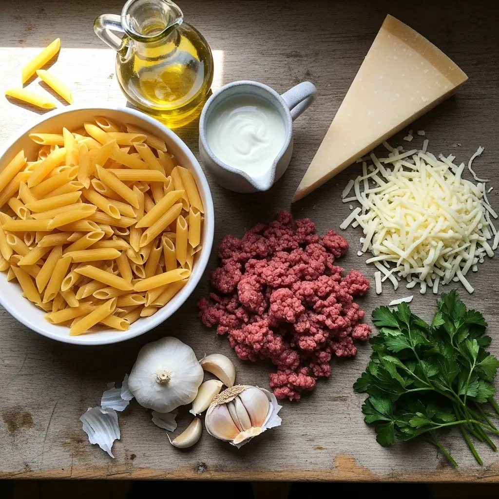 Ingredients for Cheesy Penne with Garlic Butter Ground Beef