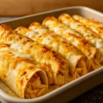 Chicken Enchiladas with Dreamy White Sauce baked with cheese and cilantro