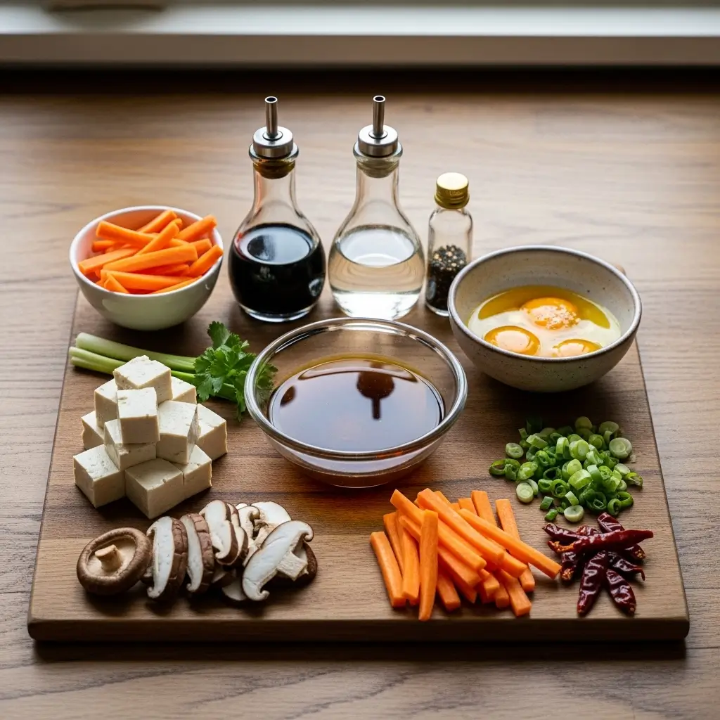 Ingredients for Chinese Hot and Sour Soup arranged on a kitchen counter