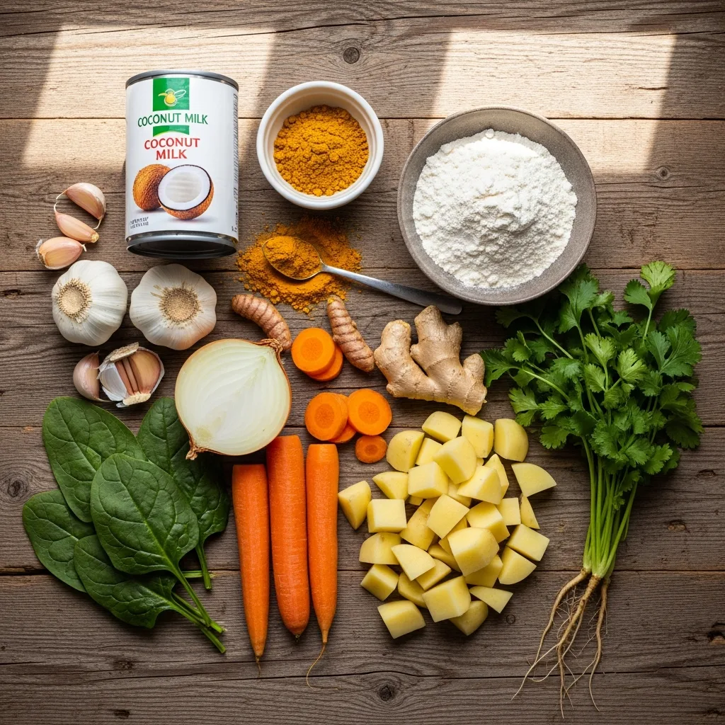 Ingredients for Coconut Curry Soup with Dumplings