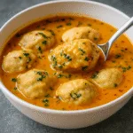 Coconut Curry Soup with Dumplings served warm