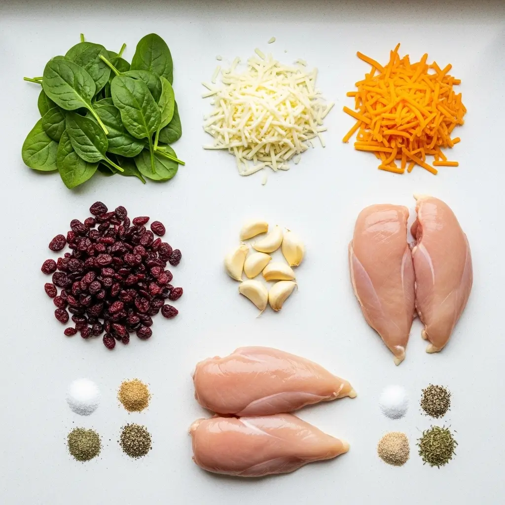Ingredients for Cranberry Spinach Cheese Stuffed Chicken Breast