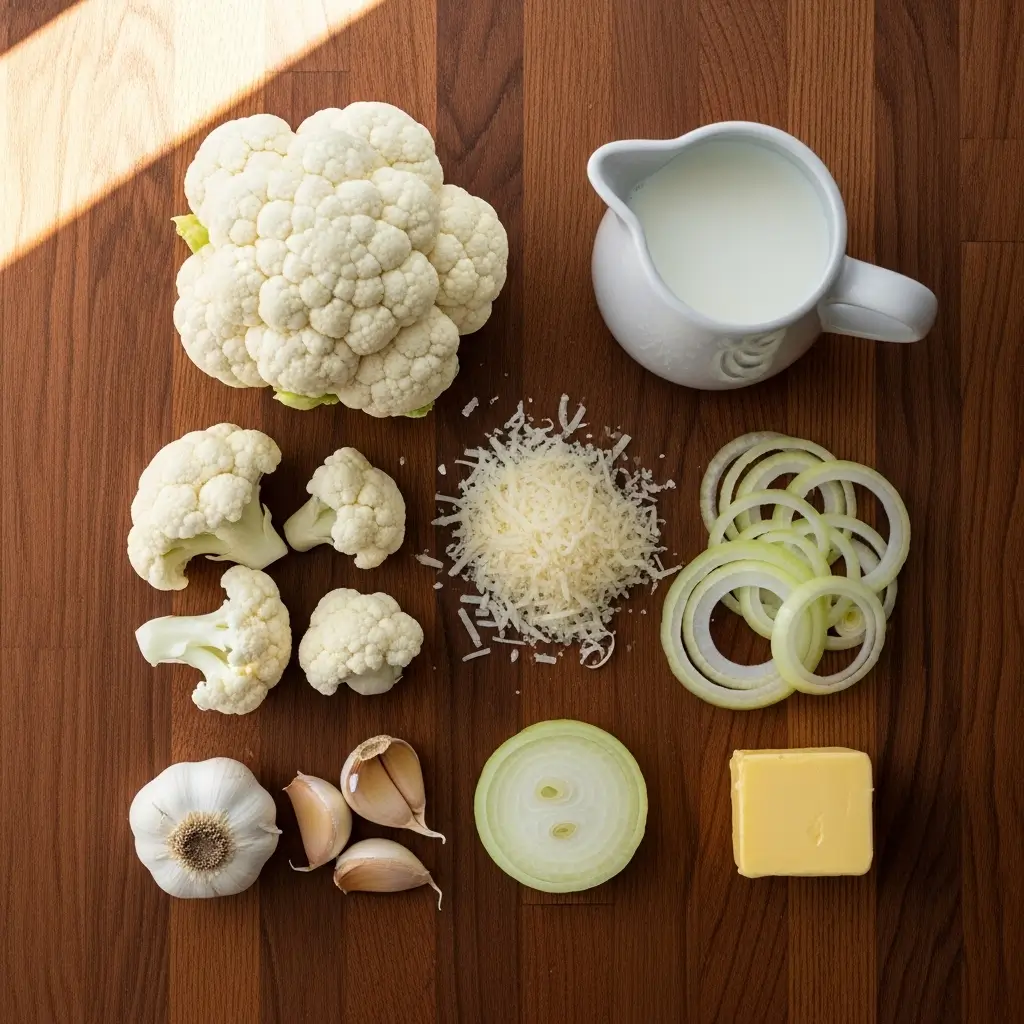 Cream of Cauliflower Soup with Parmesan ingredients flat lay