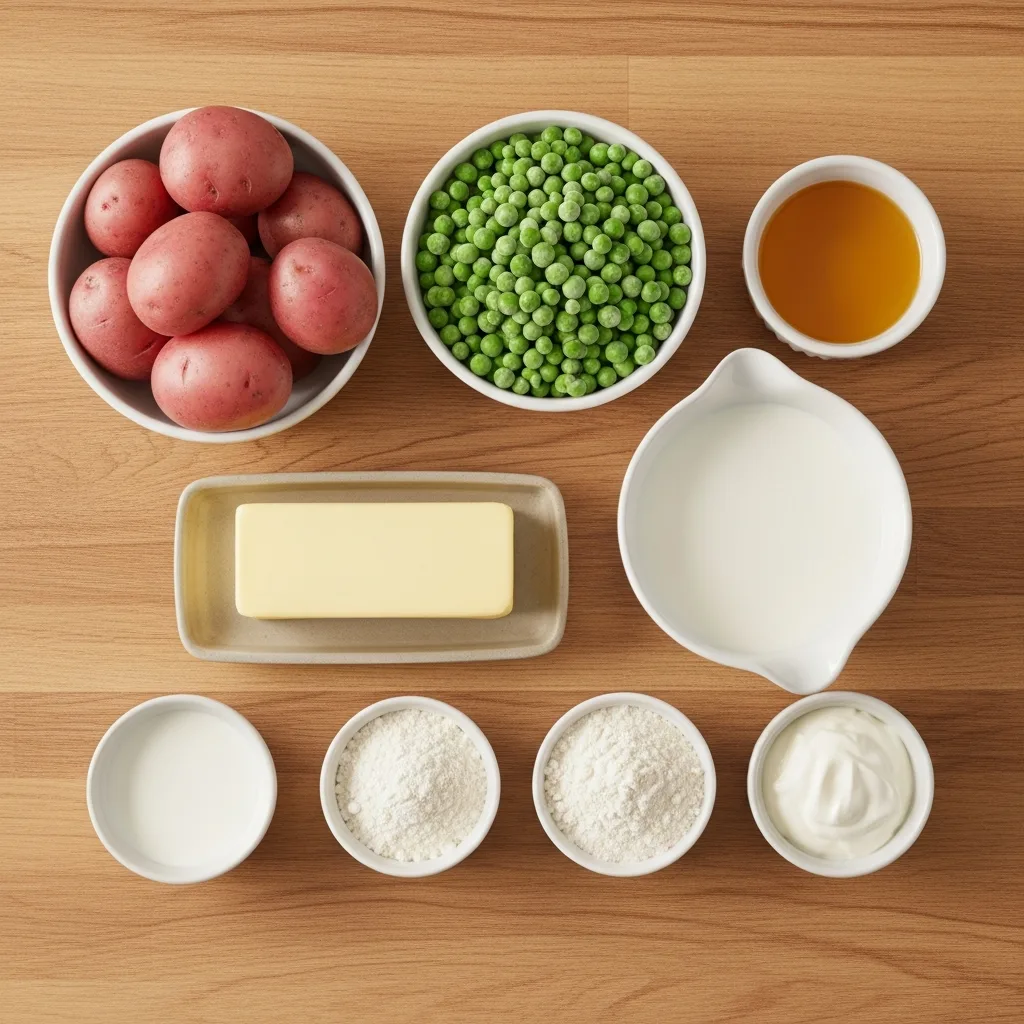 Ingredients for Creamed Potatoes and Peas neatly arranged on a table