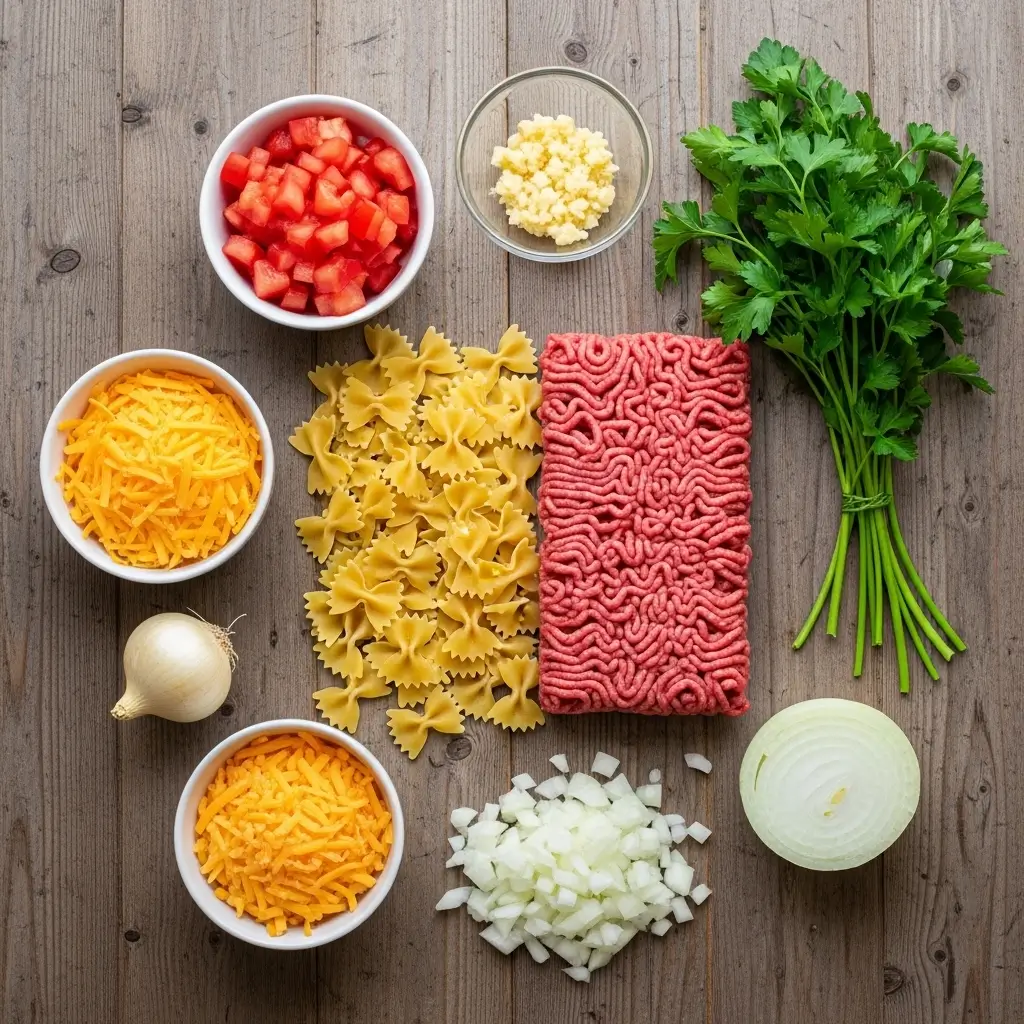 Creamy Beef and Bowtie Pasta ingredients flat lay