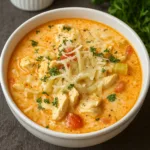 Creamy Chicken Parmesan Soup with pasta and cheese