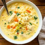 Easy creamy chicken pasta soup in a rustic bowl