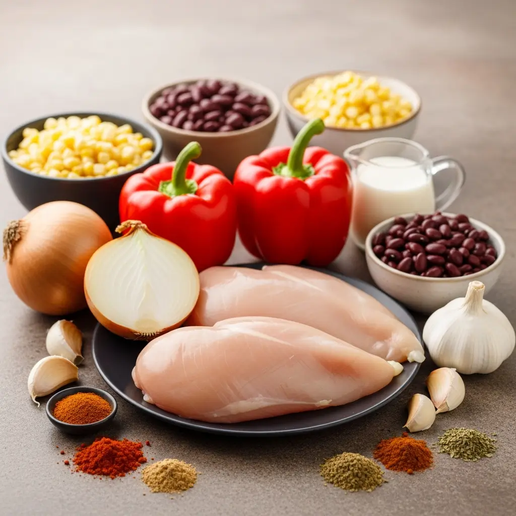 creamy chicken taco soup ingredients on countertop