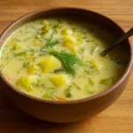 Creamy Dill Pickle Soup with fresh dill and crusty bread