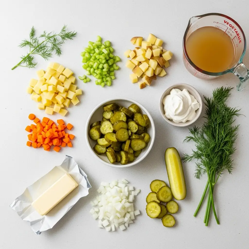 Creamy Dill Pickle Soup ingredients flat lay
