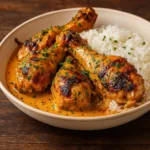 creamy paprika chicken drumsticks with steamed rice