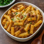 Creamy Parmesan Beef Rigatoni pasta dish with basil