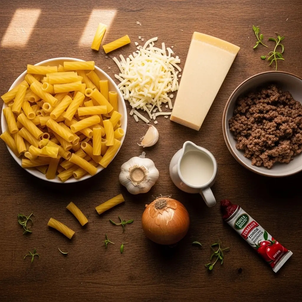 Ingredients for Creamy Parmesan Beef Rigatoni laid out on table