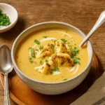 Creamy Roasted Cauliflower Soup served in a rustic bowl