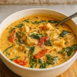 Creamy Tuscan Chicken Soup in a rustic bowl