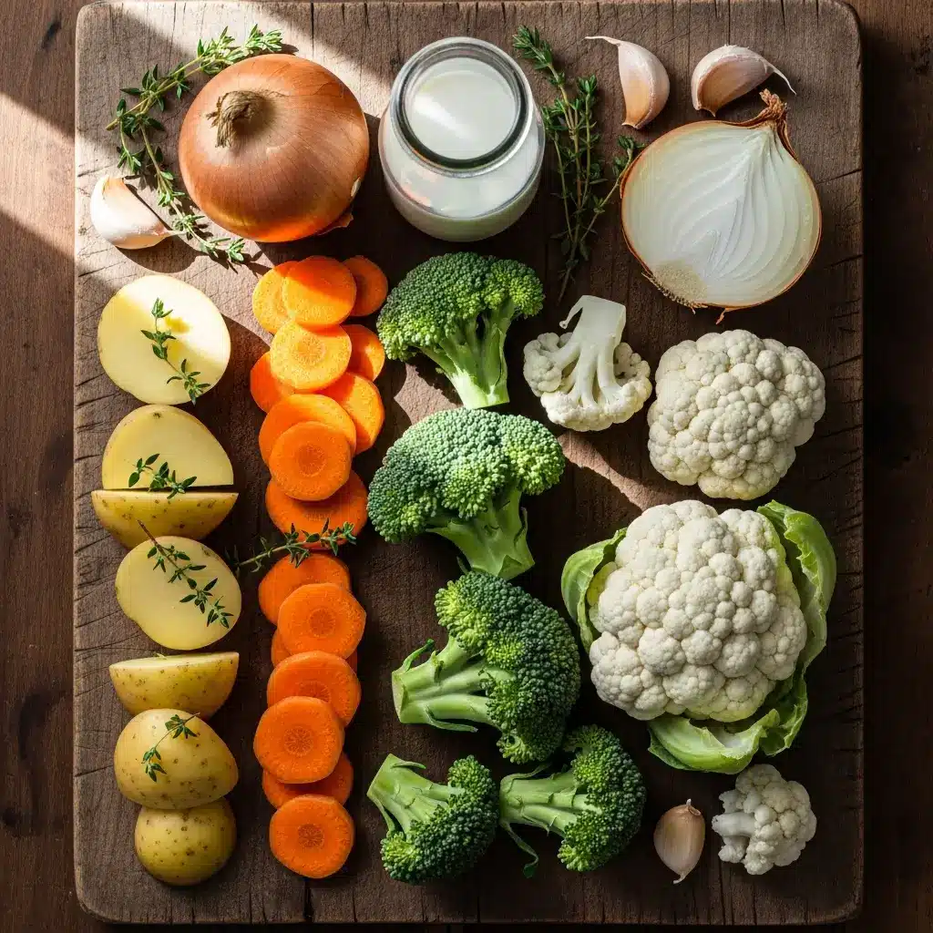 Fresh vegetables and ingredients for One-Pot Creamy Vegetable Soup