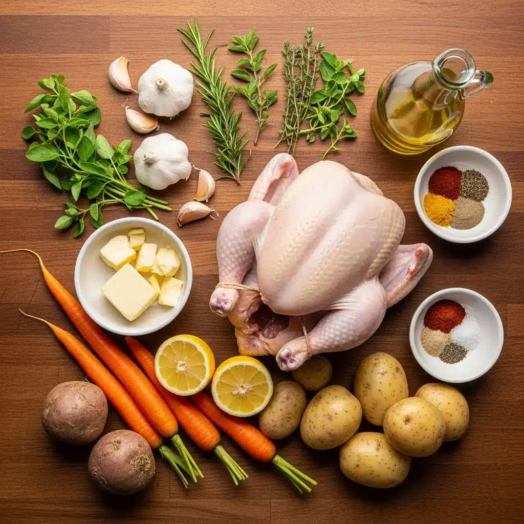 Ingredients for Crispy Roasted Chicken with Garlic Butter and Veggies