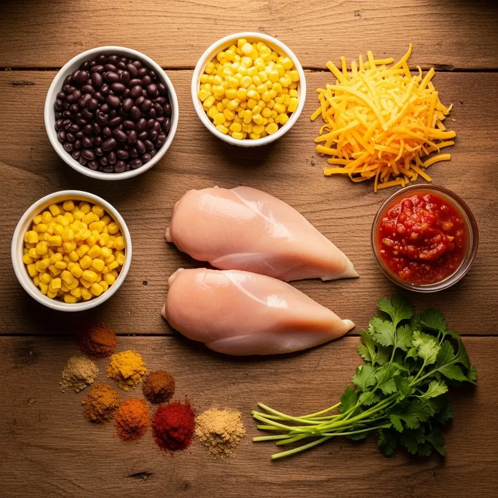 Crock Pot Chicken Fajita Soup ingredients on wooden counter