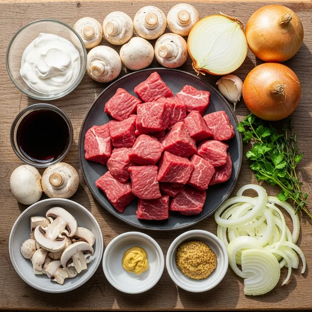 Crockpot Beef Stroganoff ingredients flat lay