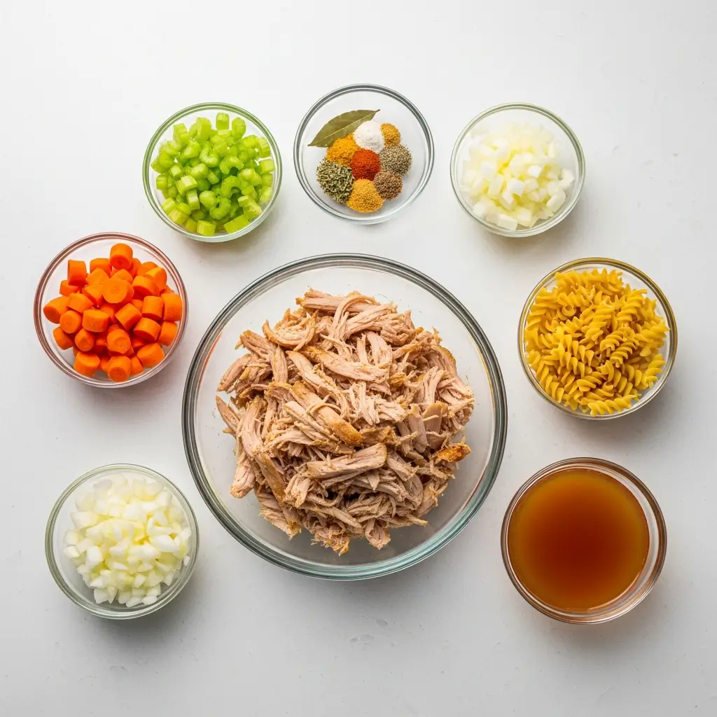 Crockpot Turkey Noodle Soup ingredients flat lay