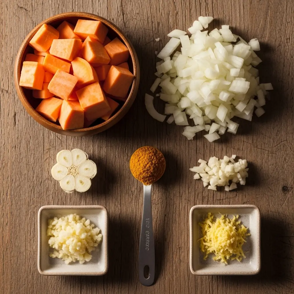 Ingredients for Curried Sweet Potato Soup flat lay