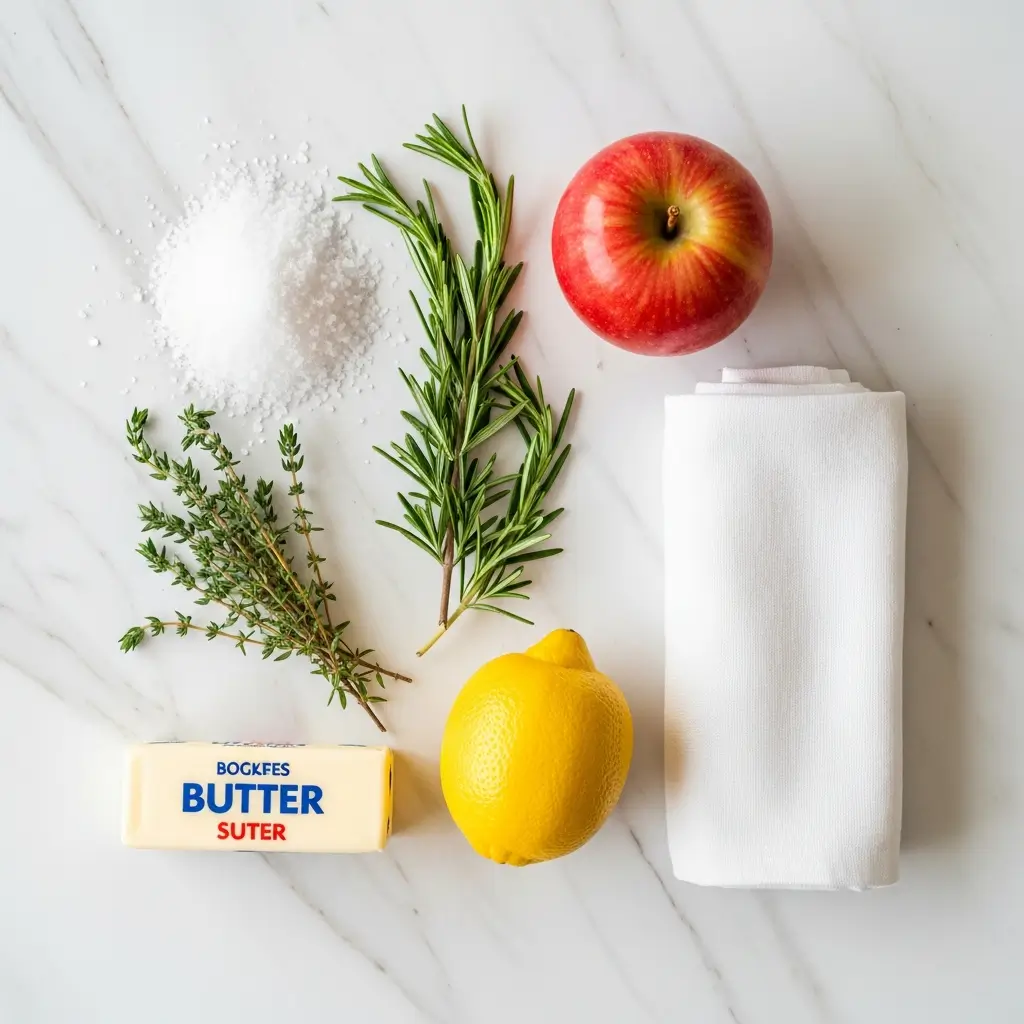 Ingredients for Dry Brine Cheesecloth Turkey on marble counter