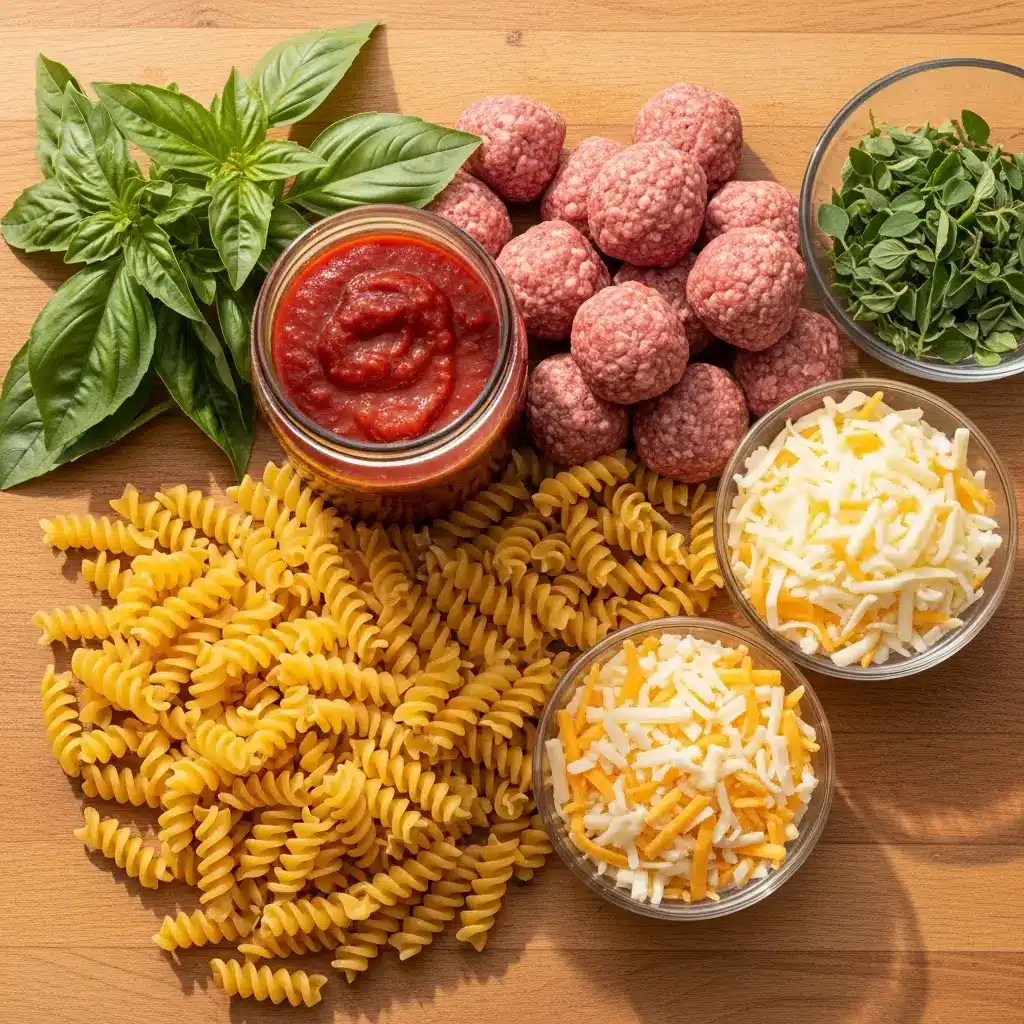 Ingredients for Dump and Bake Meatball Casserole