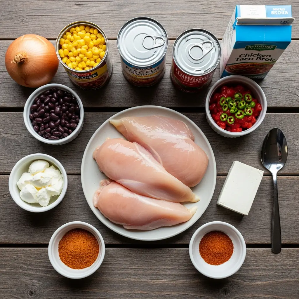 Easy Chicken Taco Soup ingredients on counter