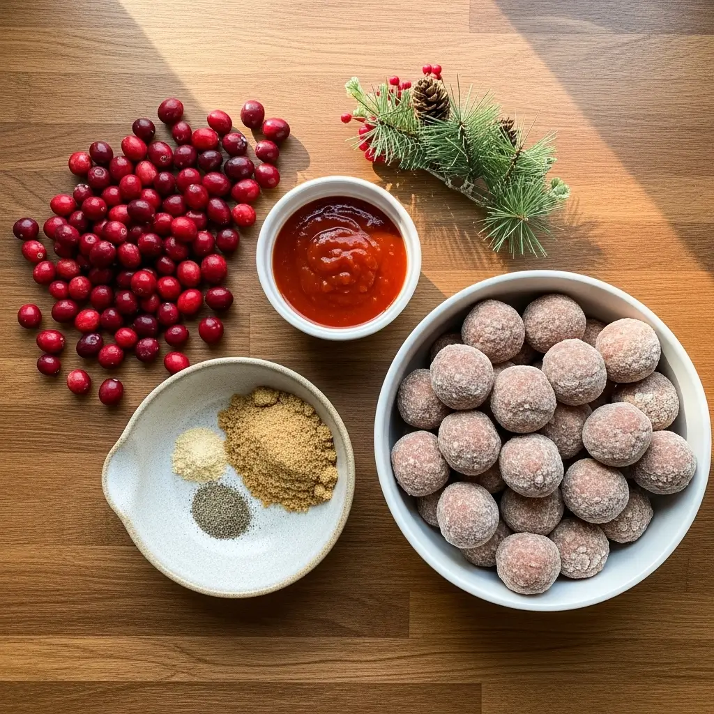 Easy Christmas Cranberry Meatballs ingredients flat lay