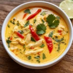 Easy Crockpot Thai Coconut Chicken Soup in rustic bowl