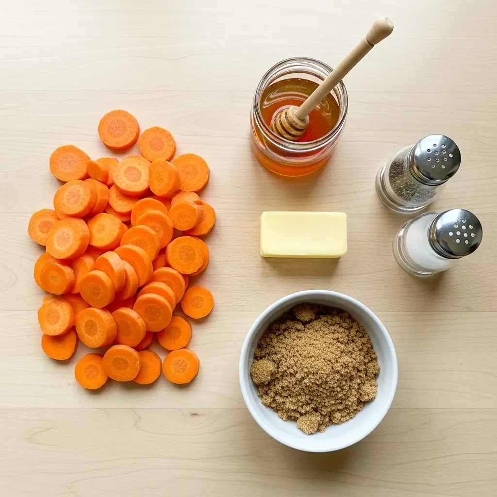 Ingredients for Easy Glazed Carrots with honey, butter, and brown sugar