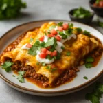 Easy Ground Beef Enchiladas baked with cheese and sauce