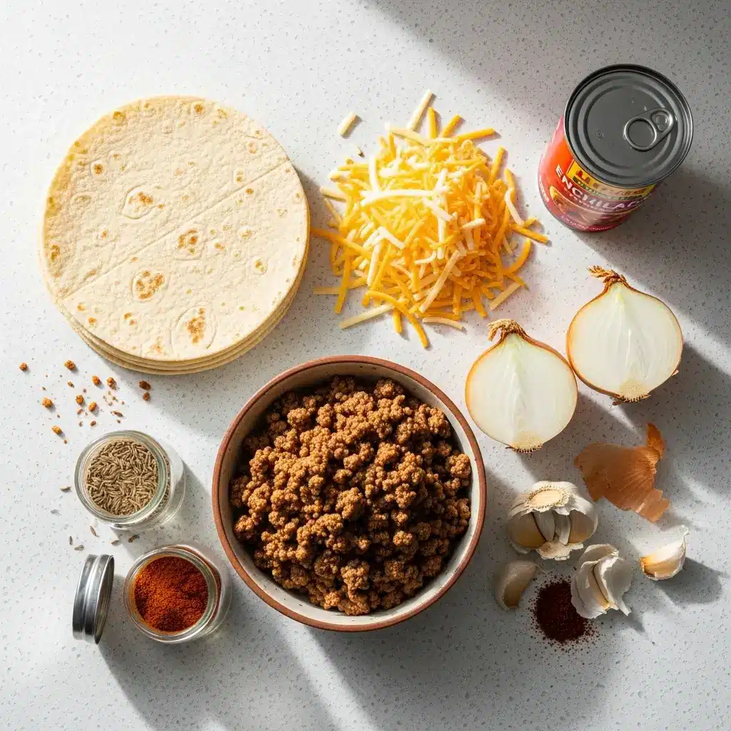 Ingredients for Easy Ground Beef Enchiladas on kitchen counter