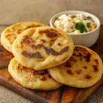 Easy Homemade Pupusas served with curtido and salsa roja