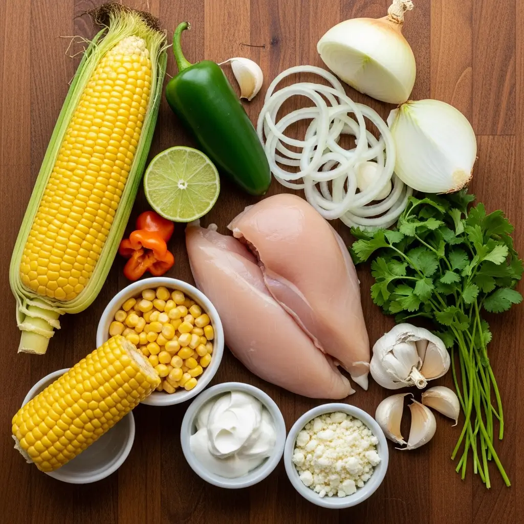 Easy Mexican Street Corn Soup ingredients flat lay