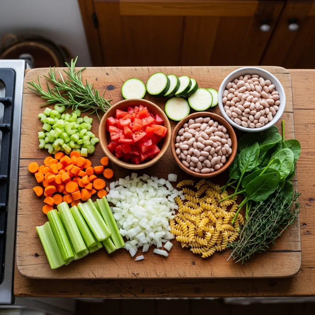 Ingredients for Easy Minestrone Soup arranged on a board
