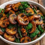 Easy Sautéed Mushrooms with Spinach served in skillet