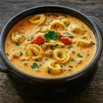 Easy Slow Cooker Creamy Tortellini Soup in a bowl with spinach and Parmesan