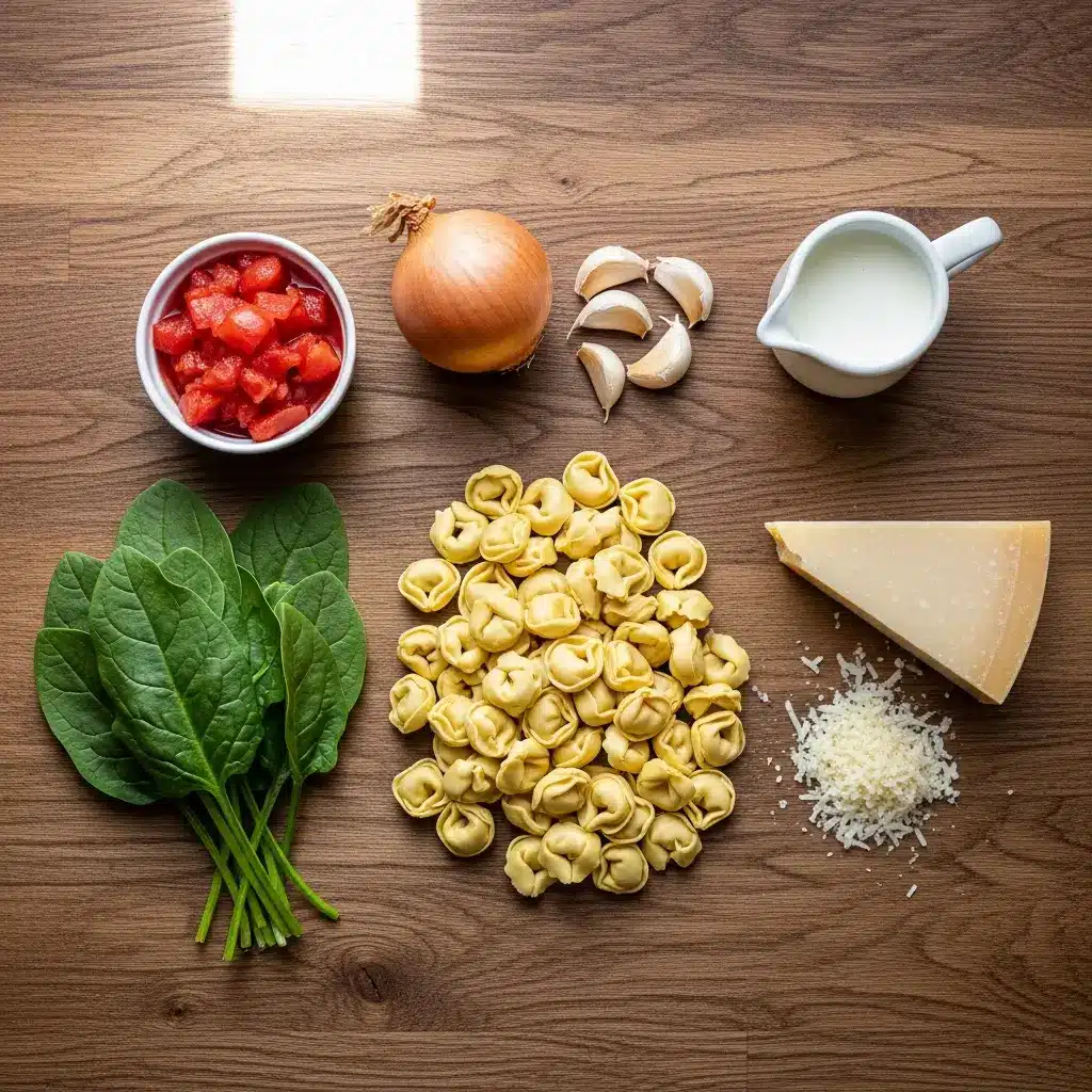 Ingredients for Easy Slow Cooker Creamy Tortellini Soup arranged on a counter