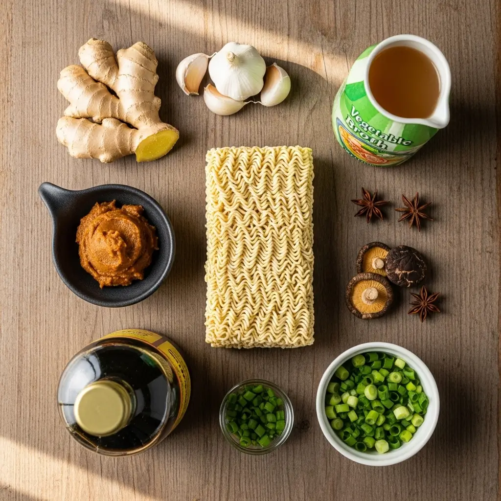 Easy Vegan Ramen Noodle Soup ingredients flat lay