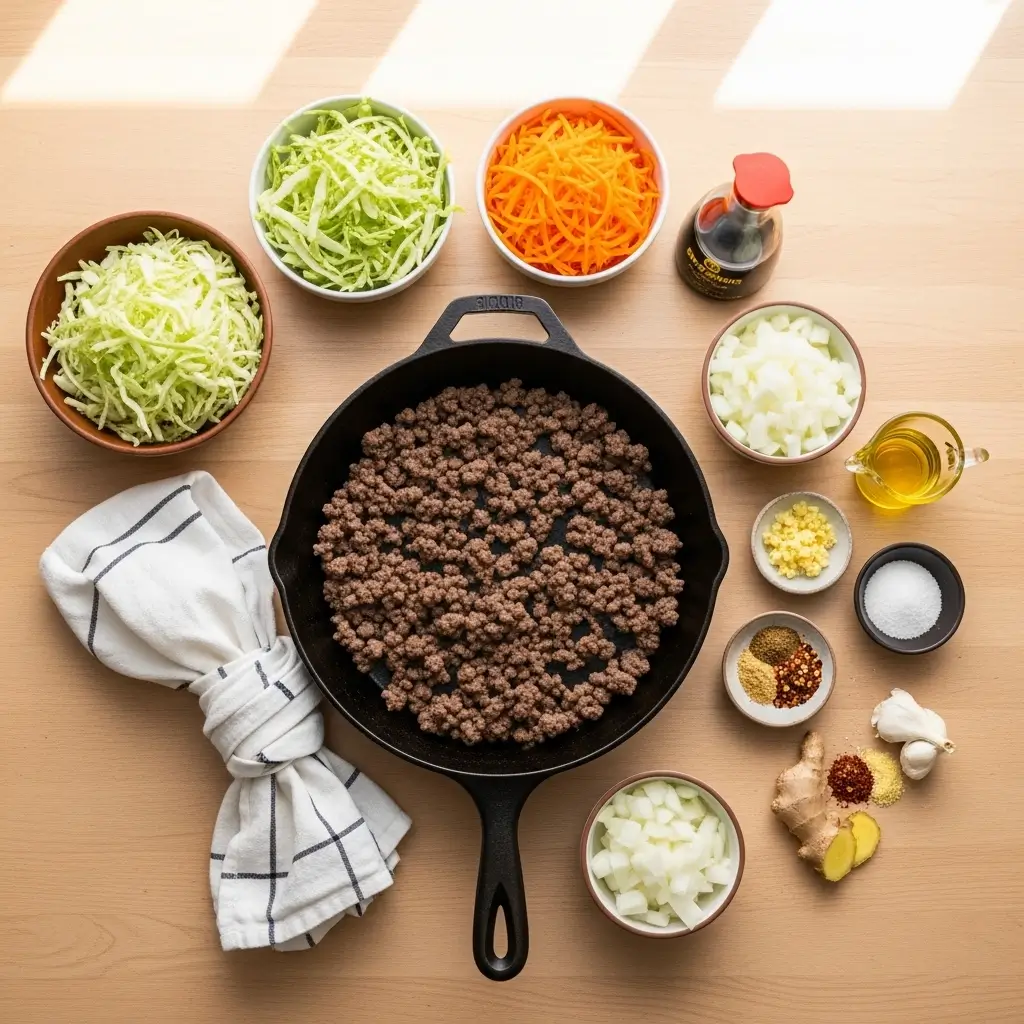 Egg Roll in a Bowl ingredients on kitchen counter
