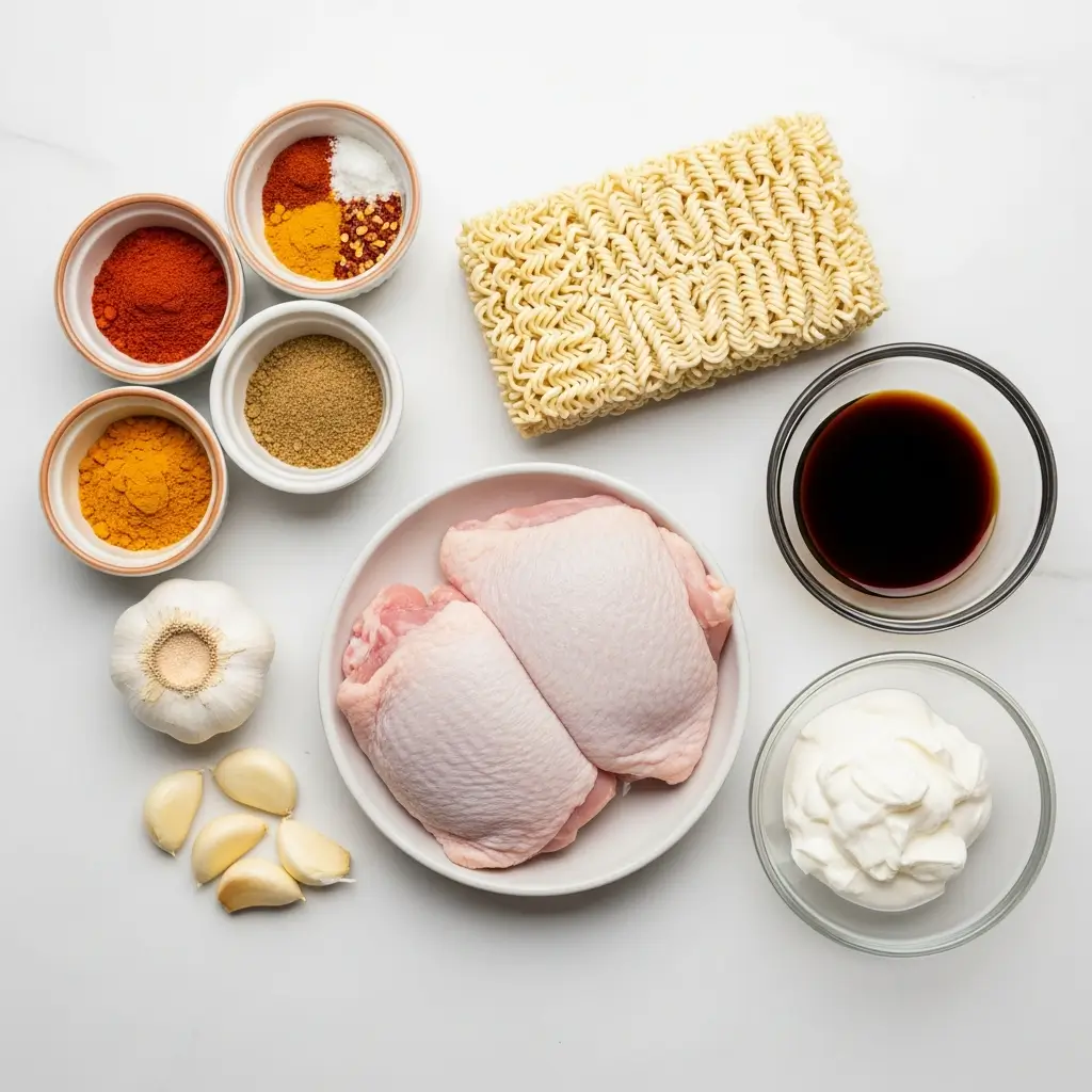 Ingredients for Fiery Chicken Ramen with Creamy Garlic Sauce