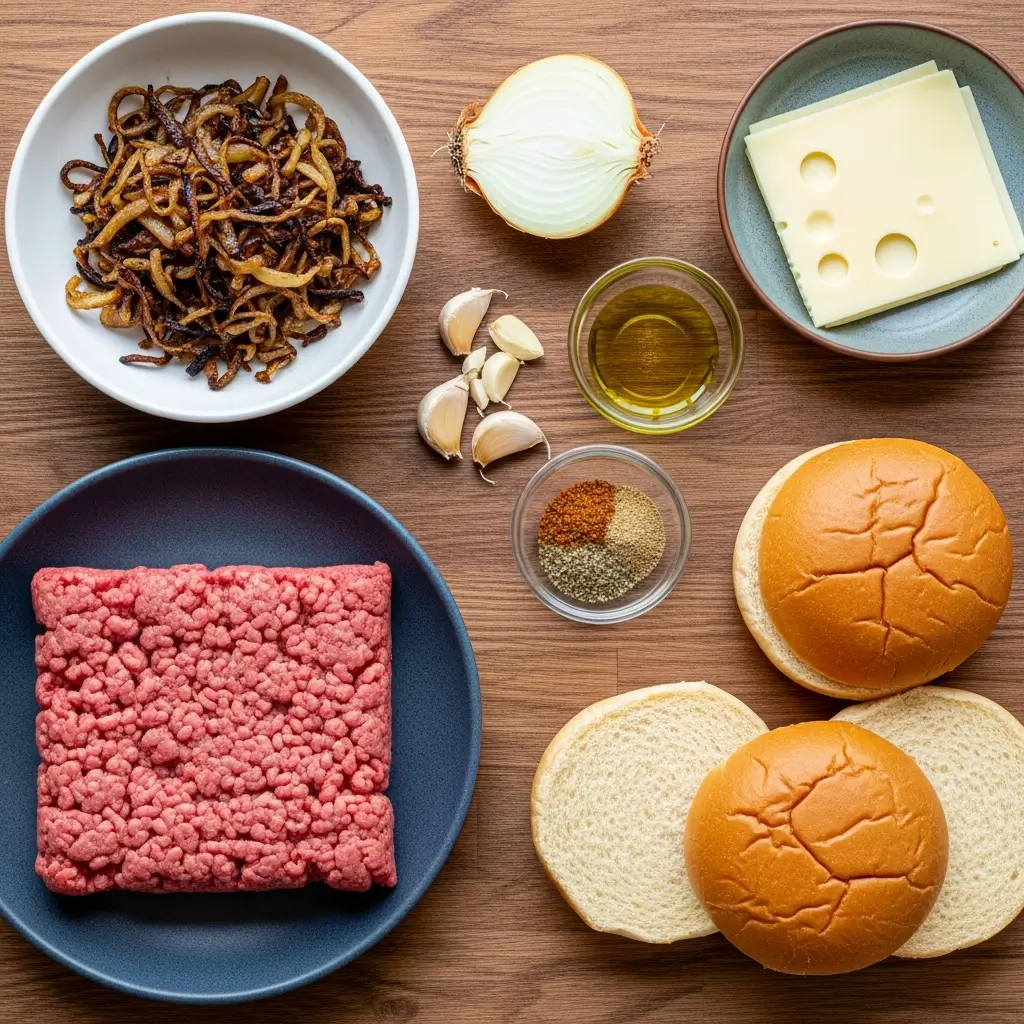 Ingredients for French Onion Beef Sloppy Joes on wooden table