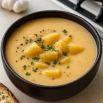 garlic potato soup in a warm rustic bowl