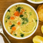 Gluten-Free Lemon Chicken Orzo Soup in a rustic bowl