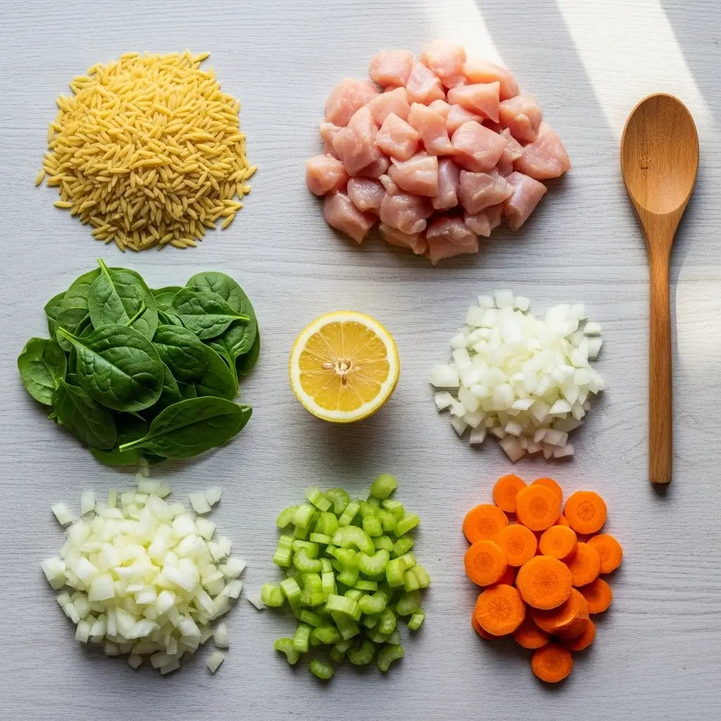 Ingredients for Gluten-Free Lemon Chicken Orzo Soup arranged on table