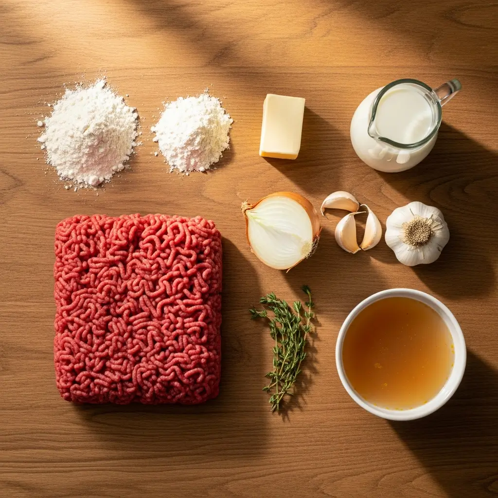 Ground Beef and Dumplings ingredients flat lay