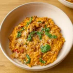 Ground Beef Orzo in Tomato Cream Sauce