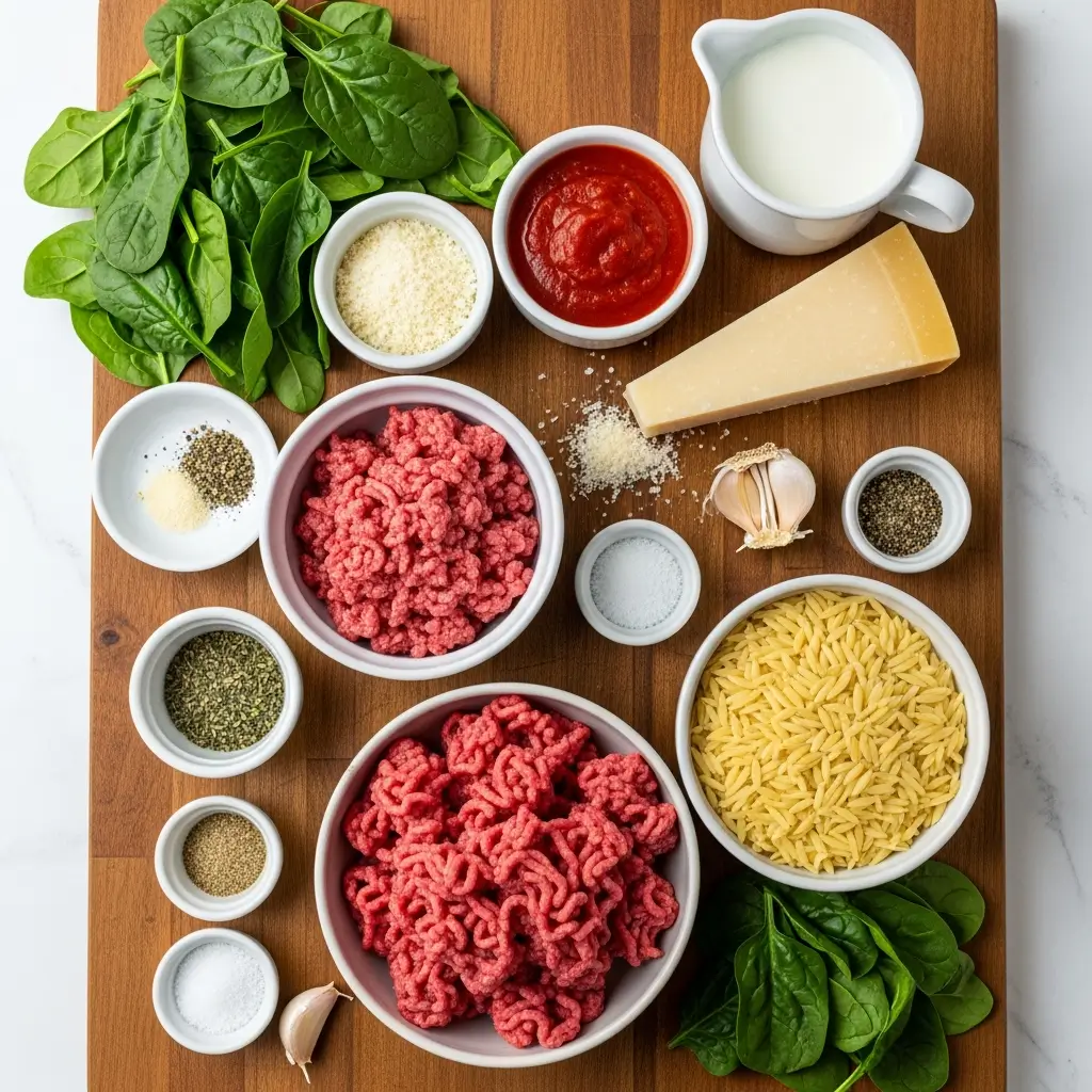 Ingredients for Ground Beef Orzo with Tomato Cream Sauce